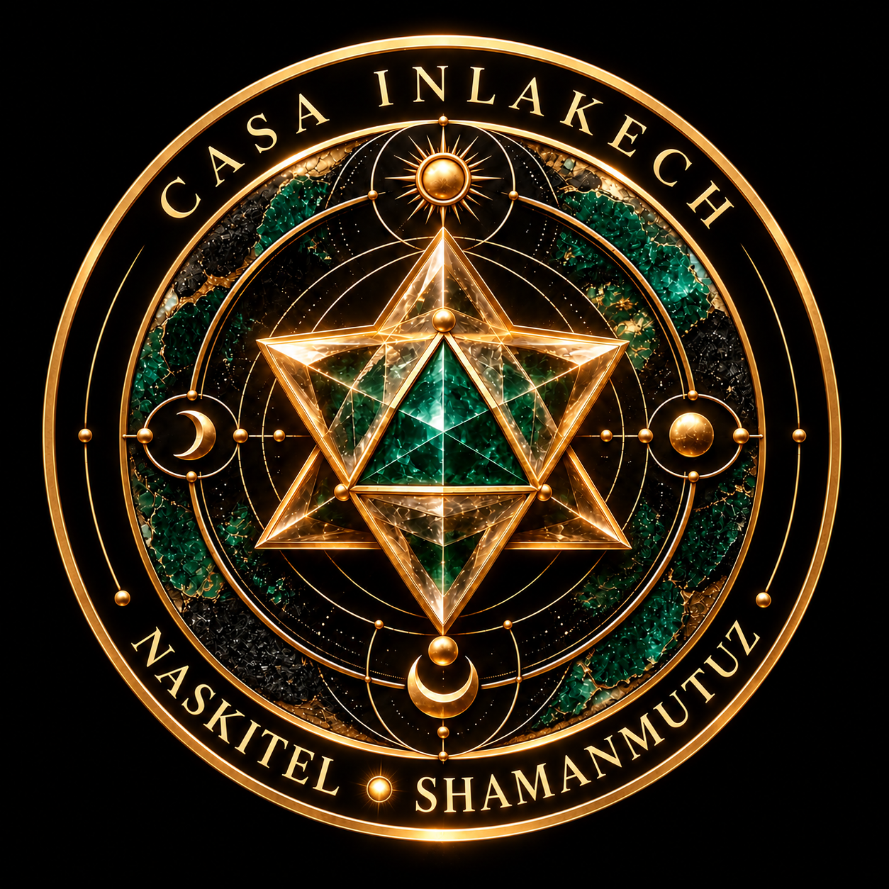 Sello circular Casa Inlakech, con merkaba dorada y esmeralda